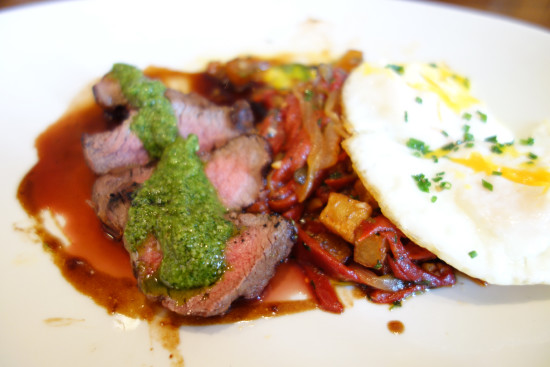 Tender Steak with Chimichuri Sauce, Fried Egg, and Red Pepper Potato Hash