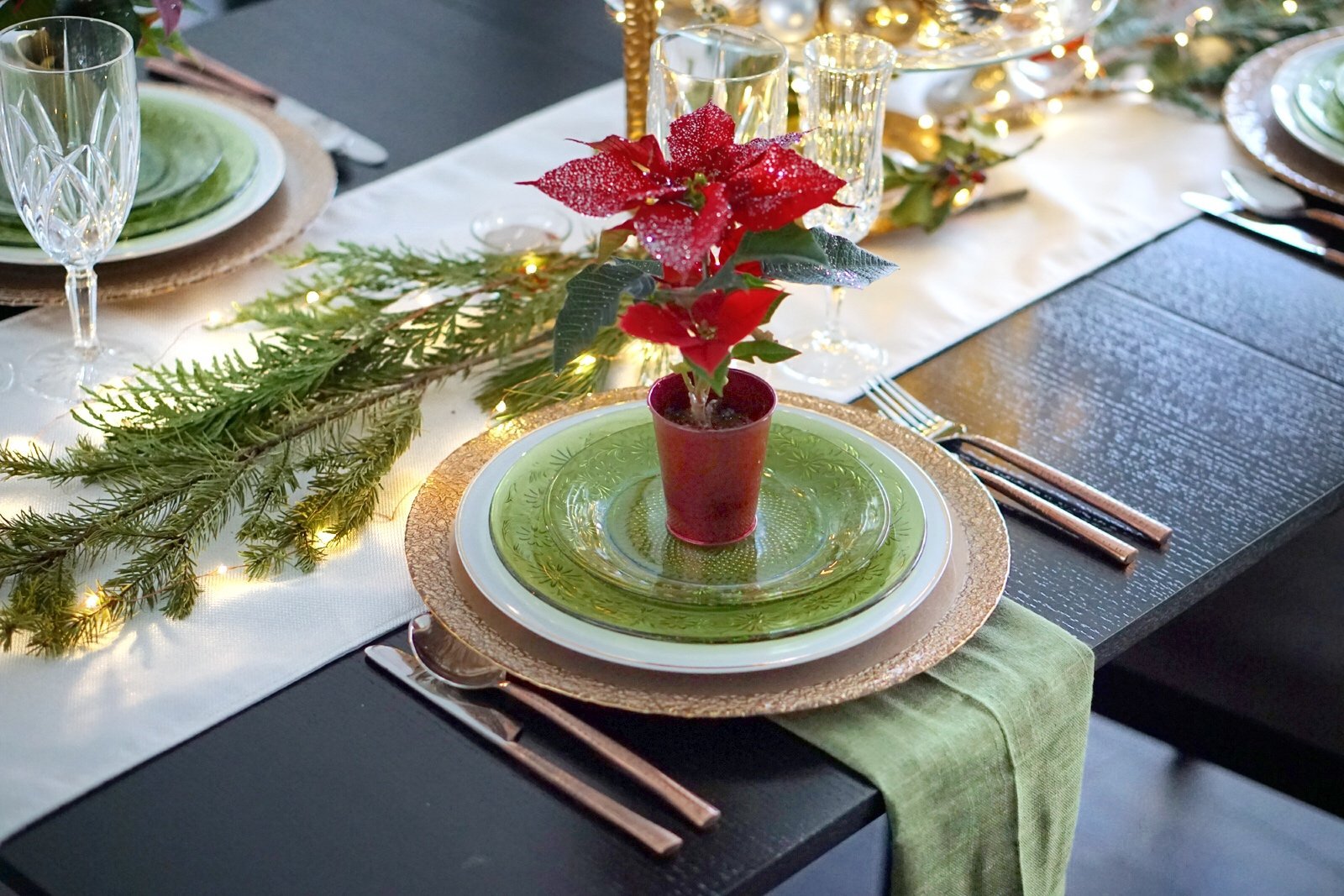 Antique Copper Holiday Tablescape With Ornaments And Poinsettia's