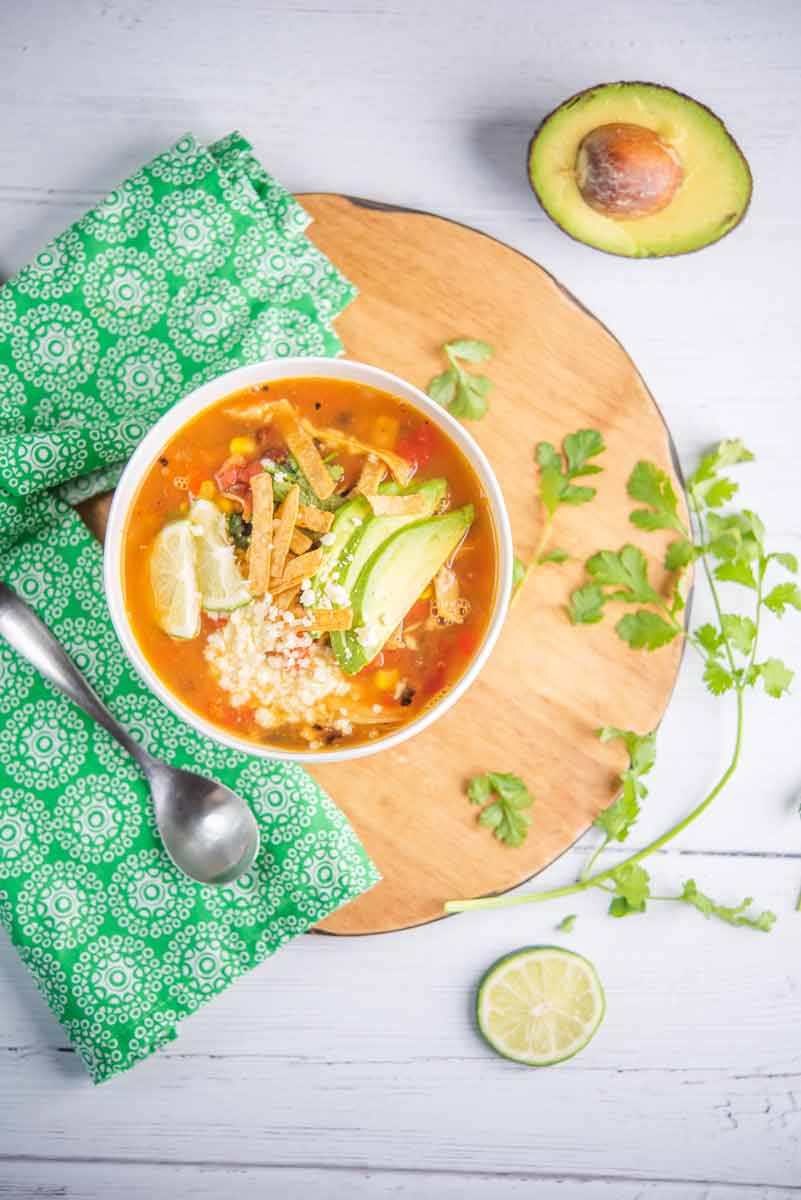 Easy & Healthy Low Calorie Chicken Tortilla Soup with Rotisserie Chicken