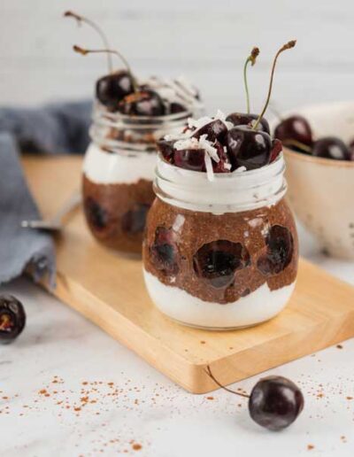 Black-Forest-chia-pudding-on-cutting-board