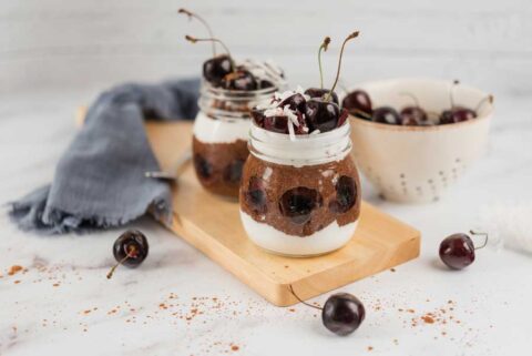 Black-Forest-chia-pudding-on-cutting-board