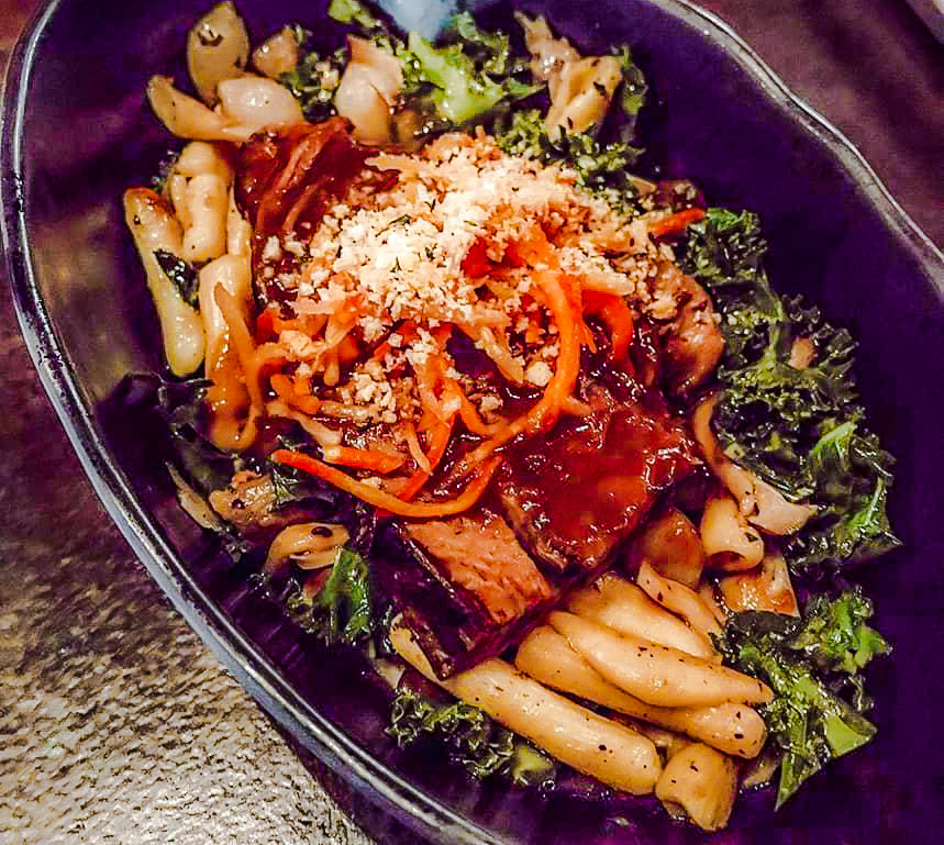 pot roast over pasta with kale and carrots
