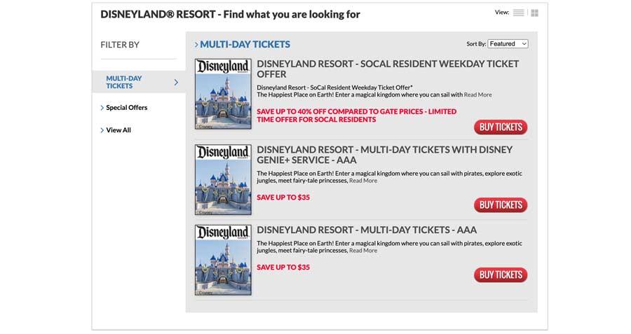 screenshot of AAA Disneyland Tickets