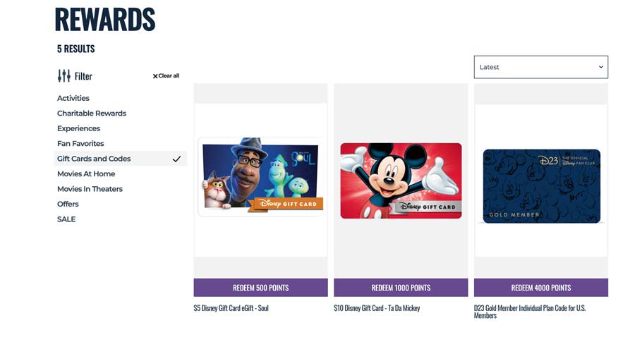 screen shot of Disney movie insider gift card rewards