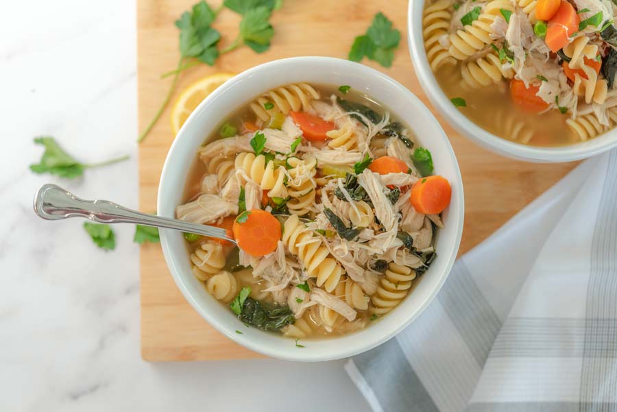 healthy homemade chicken noodle soup in a bowl
