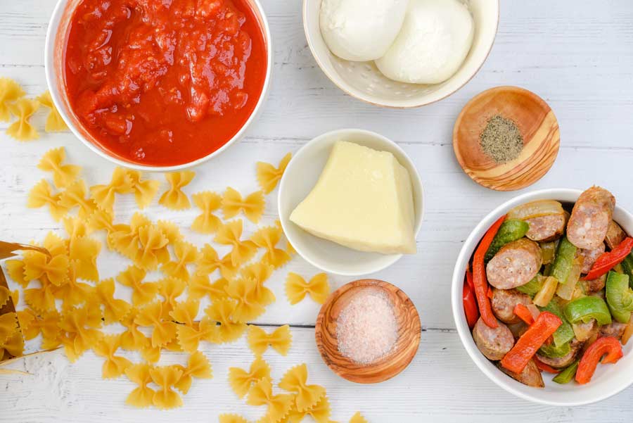 ingredients to make peppers sausage and pasta