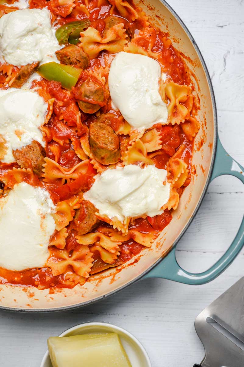 Easy Peppers Sausage and Pasta with Burrata Cheese