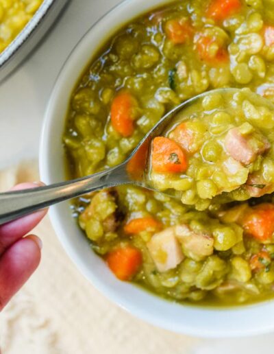 Split-Pea-Soup-on-spoon-in a bowl