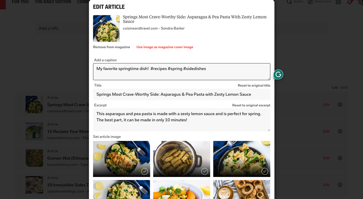 Screenshot of how to change article titles on flipboard