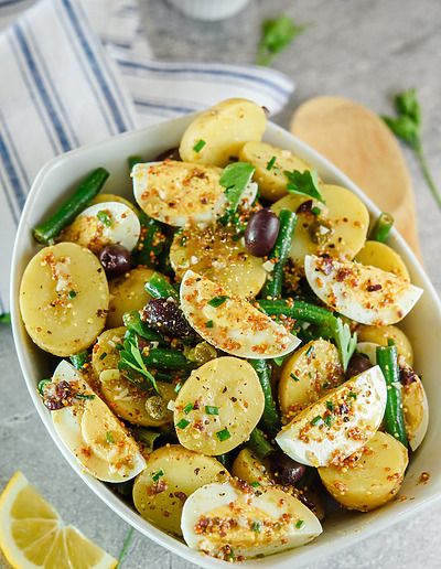 French-Potato-Salad-with-Green-Bean in a bowl
