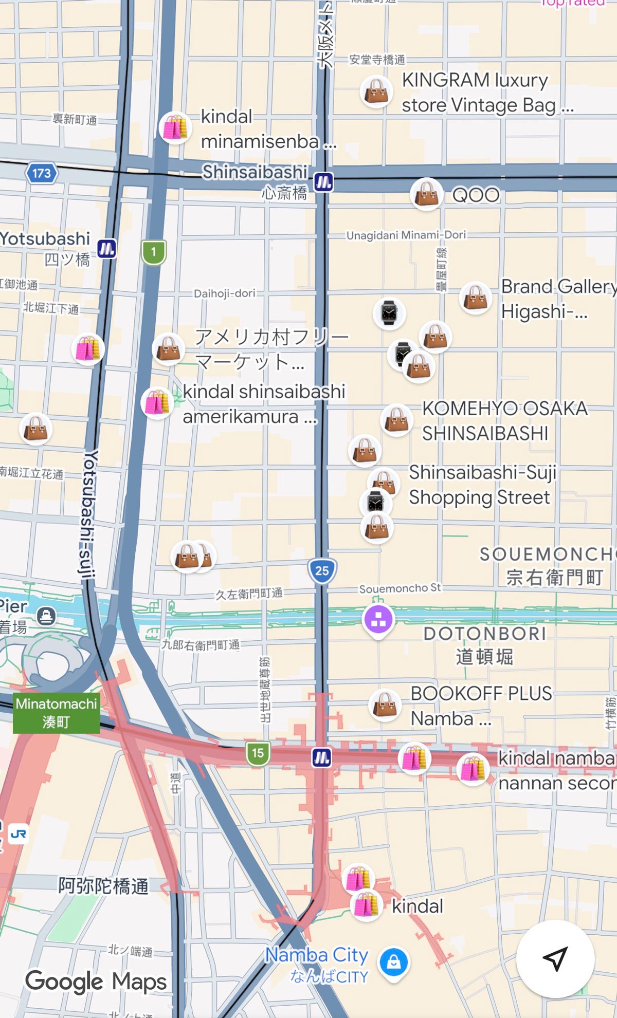 2nd-Hand Luxury Shopping in Tokyo & Osaka: Where I Found the Best Deals 14 Screenshot of my Google Map with bookmarked 2nd-hand luxury shopping stores in Osaka